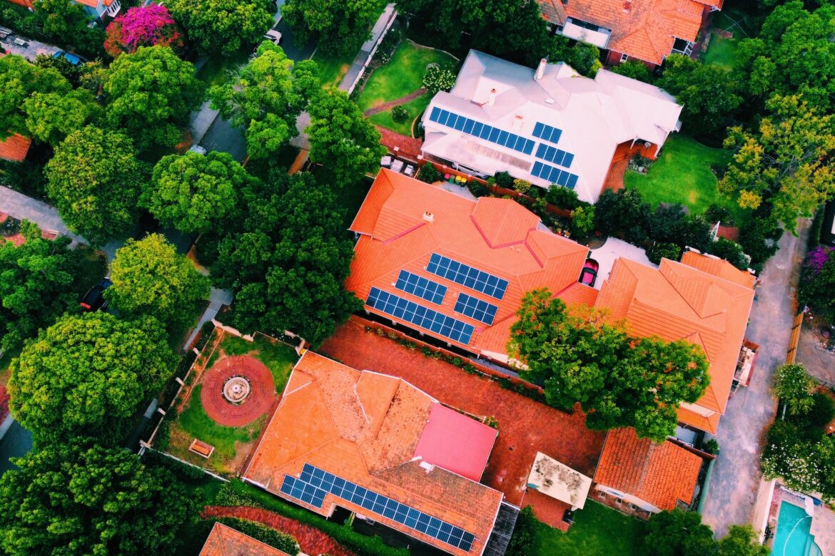 Aerial view of solar panels on the roofs