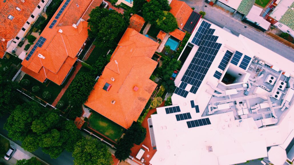 Aerial view of solar panels on the roofs