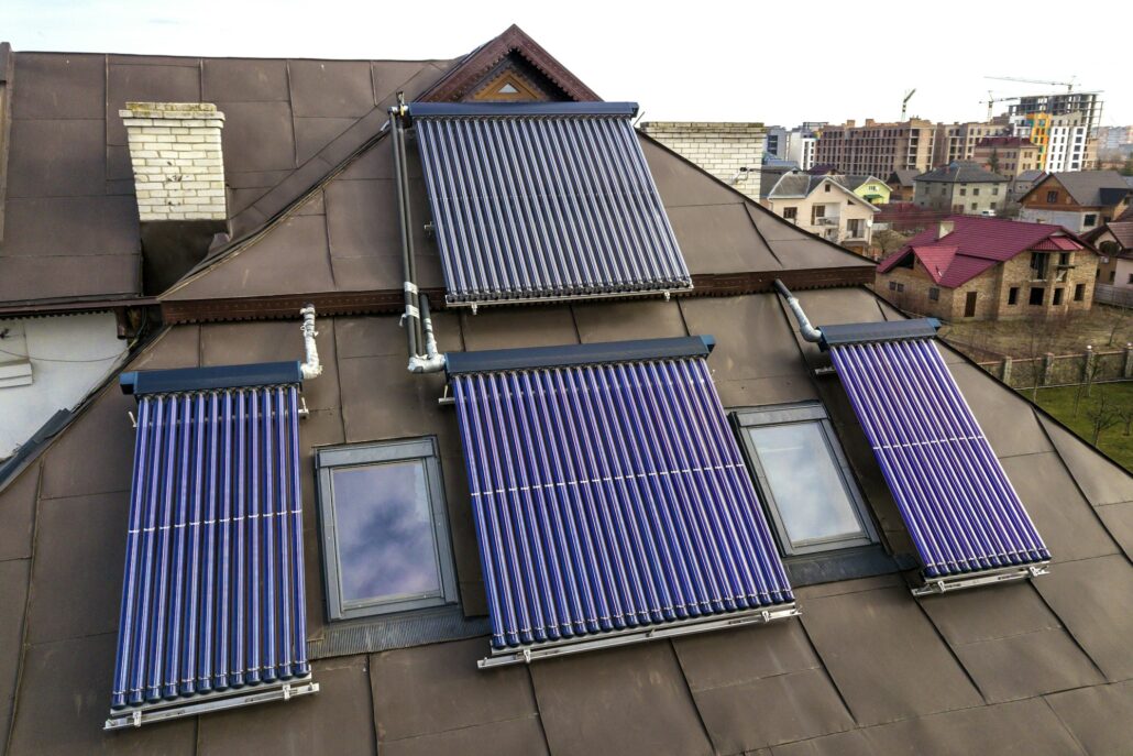 Solar water heating system on house roof.