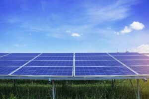 Solar panels with blue sky.